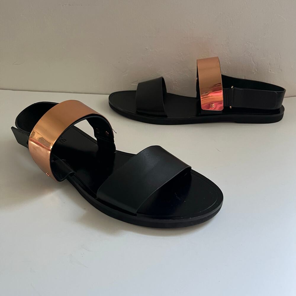 Vince Ciara Sandals Women’s 8.5 Black Leather Metal Plate Flats Quiet Luxury